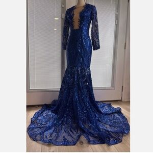 Alglist Gown Dress Blue Sequin Long Sleeve Zip Back